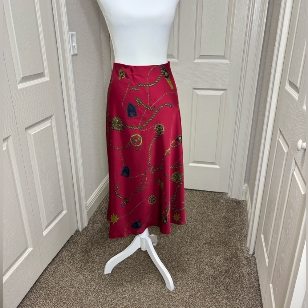 NWT Lauren Ralph Lauren Belting-Print Satin
Charmeuse Midi Skirt Red  Size 20W - Picture 5 of 9